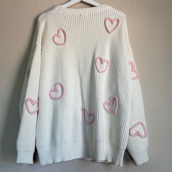 Tullabee Cream Knit Mom Sweater Pink Braided Hearts Valentine’s Day Medium - Picture 7 of 13